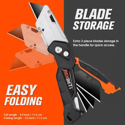 Communicates multiple key benefits of the utility knife including built-in blade storage for convenience, easy folding mechanism, and compact dimensions to reassure shoppers of its practicality and…