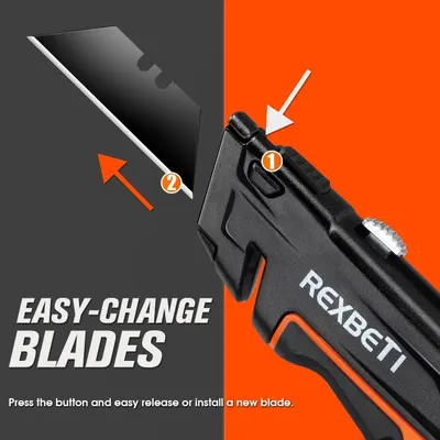 Demonstrates the simple two-step process for changing blades on the utility knife, reassuring shoppers that blade replacement is quick and hassle-free. Highlights the convenience of the easy…