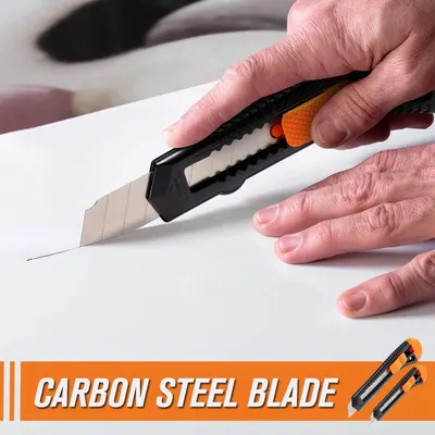 Highlights the carbon steel blade material to communicate durability and cutting performance, reassuring shoppers of the product's quality and effectiveness.