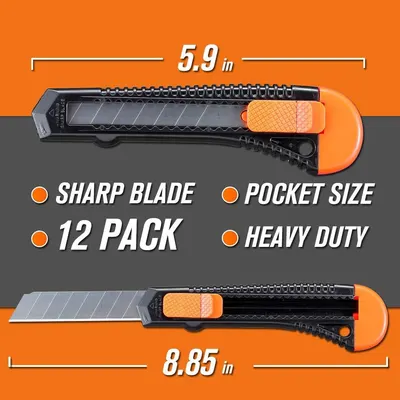 Communicates the exact physical dimensions of the utility knives (5.9 inches and 8.85 inches) to help shoppers understand the product size and portability. Highlights multiple key selling benefits…