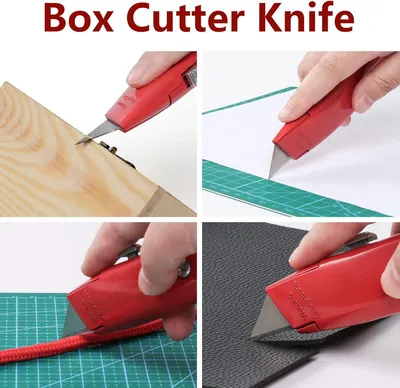 Demonstrates the versatility of the box cutter knife by showing it can cut through various materials including cardboard boxes, paper, rope, and fabric in different real-world scenarios.