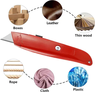 Demonstrates the utility knife's versatility by showing it can cut through multiple different materials including boxes, leather, thin wood, rope, cloth, and plastic.