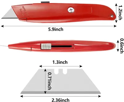 Communicates the exact physical dimensions of the utility knife and blade to help shoppers understand the product's size and portability.