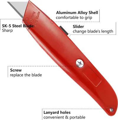 This image breaks down the physical components and features of the utility knife, helping shoppers understand the product's construction, materials, and functional parts.