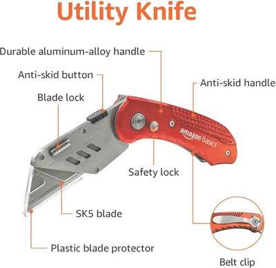 This image breaks down the utility knife's physical components and structural features to help shoppers understand what the product is made of and how each part functions for safe and effective use.
