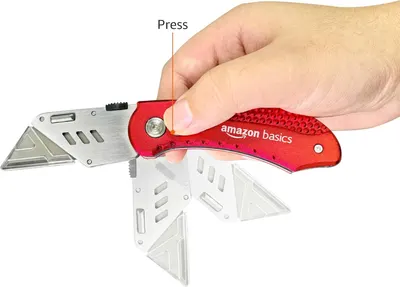 Demonstrates how to open and deploy the utility knife blade by pressing the button, showing shoppers the simple one-handed operation mechanism. Highlights the ease of use and convenient one-handed…
