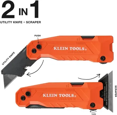 Demonstrates the dual functionality of the tool by showing how it transforms between a utility knife and scraper, with labeled callouts pointing to key components and usage instructions. Instructs…