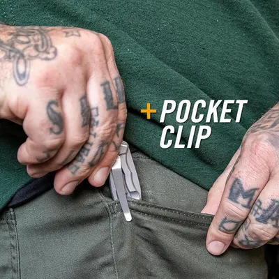 Highlights the pocket clip feature of the product, showing where it is located and how it attaches to clothing for convenient carry.