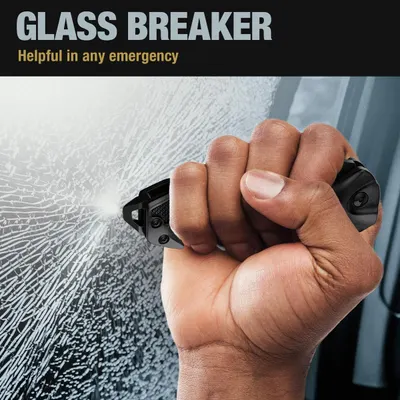 Demonstrates the glass breaker feature as a critical emergency safety tool, reassuring shoppers that the product can help them escape dangerous situations. Highlights the product's glass-breaking…