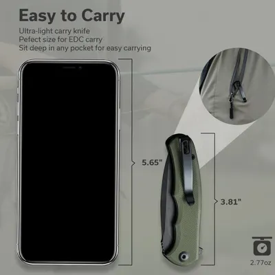 Demonstrates the knife's compact size and ultra-light weight compared to a smartphone, reassuring shoppers it's pocket-friendly and perfect for EDC carry. Highlights the product's portability and…