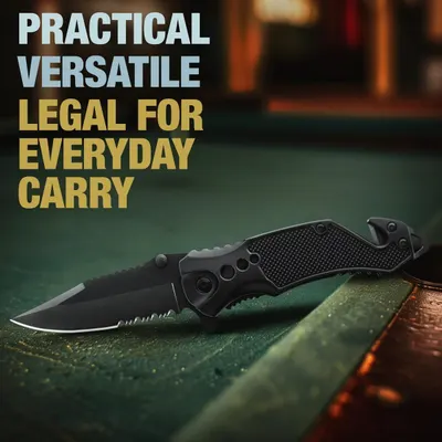 Communicates that the knife is practical, versatile, and legal for everyday carry, reassuring shoppers about its usability and compliance.
