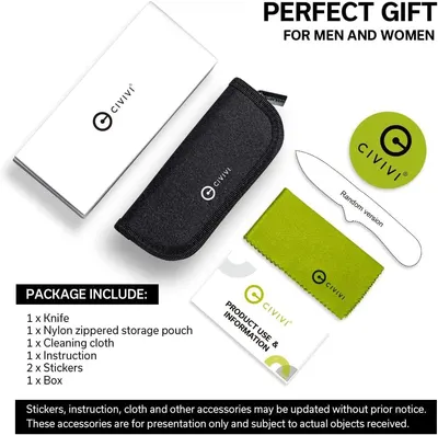 Shows everything included in the purchase (knife, storage pouch, cleaning cloth, instruction manual, stickers, and box) to set clear expectations and reinforce value, while also positioning the…