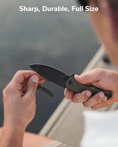 Communicates three distinct product benefits (sharpness, durability, and full-size design) to reassure shoppers of the knife's quality and functionality.