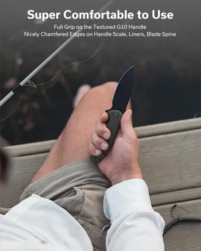 Communicates the knife's superior comfort and ergonomic design through its textured handle and chamfered edges, reassuring shoppers that it's comfortable to grip and use for extended periods.