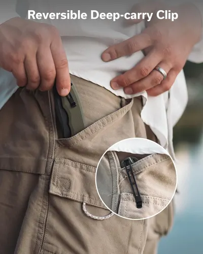 Demonstrates the reversible deep-carry clip feature that allows secure and discreet pocket carry, reassuring shoppers that the product can be carried safely and conveniently in their pocket.