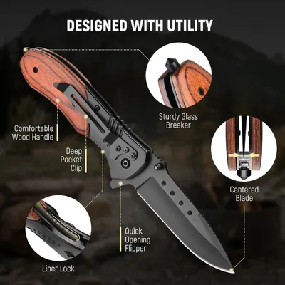 This image breaks down the knife's physical components and structural features to help shoppers understand the product's construction and functional parts.