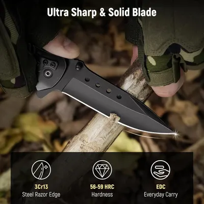 Communicates multiple key benefits of the knife including blade sharpness, steel quality, hardness rating, and everyday carry suitability to reassure shoppers of the product's durability and…