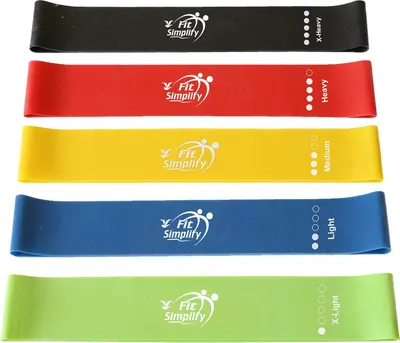 Showcases the brand's complete resistance band lineup with five different resistance levels (X-Heavy to X-Light) to help shoppers choose the right option for their fitness needs.