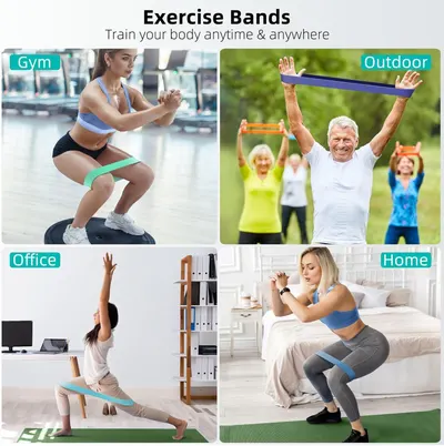 Demonstrates that the exercise bands can be used in multiple settings (gym, outdoor, office, home) to reassure shoppers of the product's versatility and convenience for training anytime and anywhere.