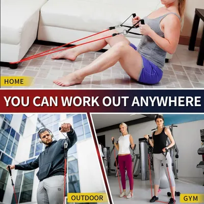 Demonstrates that the resistance band product can be used in multiple settings (home, outdoor, gym) to reassure shoppers of its versatility and convenience for any workout location.