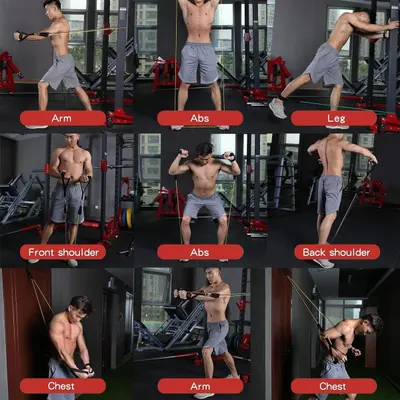 Demonstrates the versatility of the resistance band product by showing it can be used for multiple muscle groups and exercise types (arms, abs, legs, shoulders, chest), reassuring shoppers that one…
