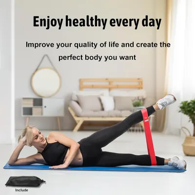 Communicates that the product (resistance band) enables convenient at-home workouts to improve health and achieve fitness goals.