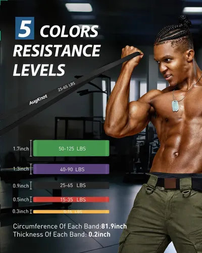 Communicates the versatility and progressive resistance options of the resistance bands, showing shoppers they can choose from multiple resistance levels (5-125 lbs) to match their fitness level and…