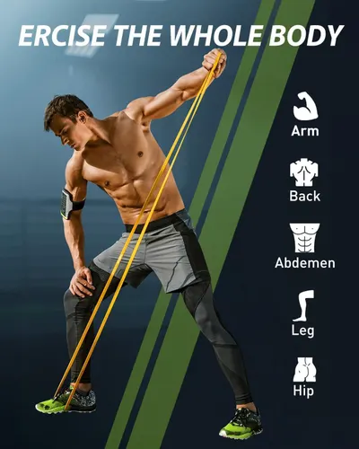 Demonstrates that the resistance band can be used to exercise multiple body parts (arm, back, abdomen, leg, hip), communicating versatility and comprehensive fitness benefits.