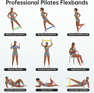 This image demonstrates how to perform nine different Pilates exercises using resistance flexbands, providing shoppers with clear visual instructions for proper form and multiple applications of the…
