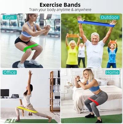 Demonstrates the versatility of exercise bands by showing they can be used in four different environments—gym, outdoor, office, and home—reassuring shoppers that the product fits any lifestyle or…