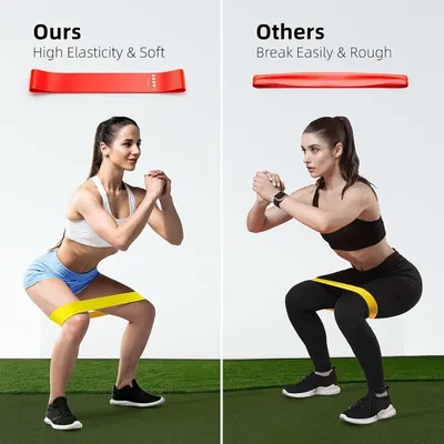 Demonstrates the superior elasticity and durability of this brand's resistance band compared to competing products that break easily and feel rough. Highlights the product's high elasticity and soft…