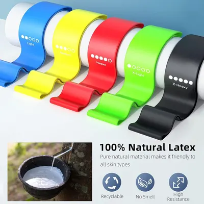 Showcases the brand's complete product lineup of resistance bands in different colors and resistance levels (Light, Medium, Heavy, X-Light, X-Heavy) to help shoppers choose the right option for…