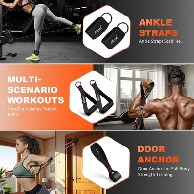 Demonstrates multiple use cases for the fitness accessory product, showing it can be used for ankle stabilization, cable machine workouts, and door-anchored home training to communicate versatility.