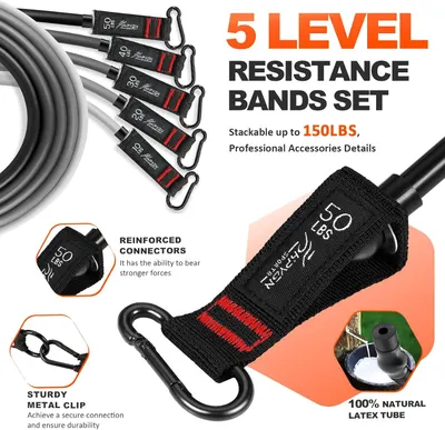 Communicates multiple key product benefits in a segmented layout, highlighting the versatility of the 5-level resistance band set, its maximum capacity, and the quality of its construction details…