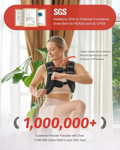 Reassures shoppers that the weighted vest is safe and free from harmful chemicals, meeting strict international and California safety standards for lead, cadmium, and phthalates. Builds trust and…