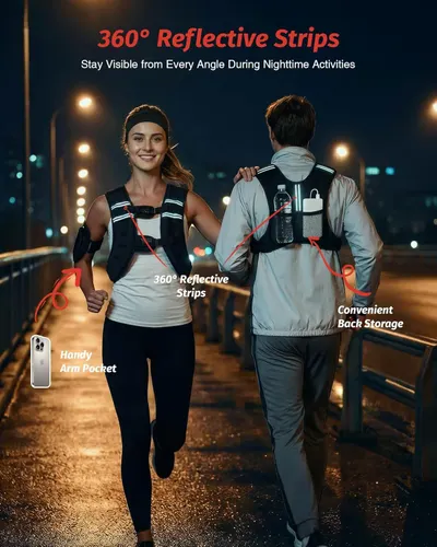 Highlights multiple distinct features of the running vest including safety reflectivity, arm pocket storage, and back storage compartments to demonstrate versatility and functionality for nighttime…