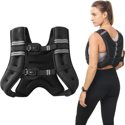 Shows the weighted vest both as a standalone product and worn by a model to help shoppers understand what the product looks like and how it fits when worn.