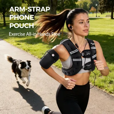 Demonstrates that the arm-strap phone pouch allows users to exercise hands-free while keeping their phone secure and accessible.