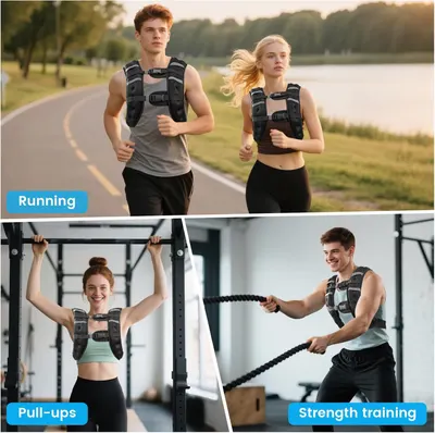 Demonstrates the versatility of the weighted vest by showing it can be used across multiple workout scenarios including outdoor running, gym pull-ups, and strength training exercises.