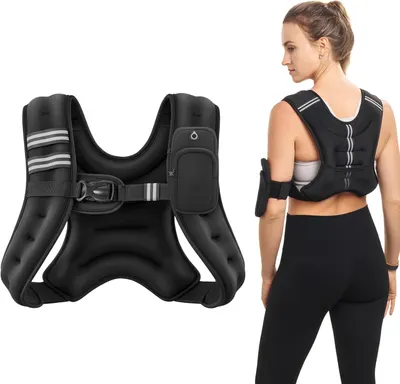 Shows the weighted vest product clearly on a white background alongside a lifestyle demonstration to help shoppers understand what the product looks like and how it is worn during exercise.
