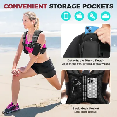 Demonstrates the multiple storage solutions built into the product, highlighting the detachable phone pouch and back mesh pocket to show shoppers how they can organize and access their belongings…