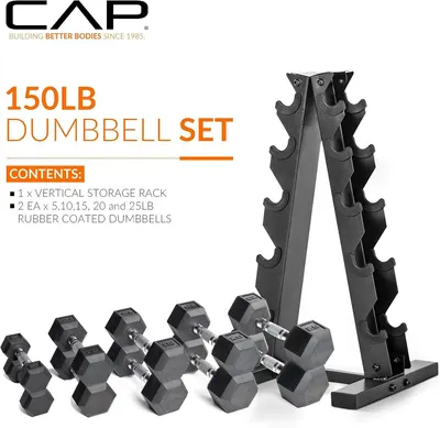 Shows the customer everything included in the purchase: a vertical storage rack and a complete set of rubber-coated dumbbells in multiple weights (5, 10, 15, 20, and 25 lbs), reassuring them of the…