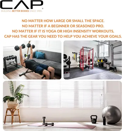 Demonstrates the versatility of CAP fitness equipment across multiple workout scenarios and spaces, from compact home setups to full garage gyms to yoga/wellness environments, reassuring shoppers…