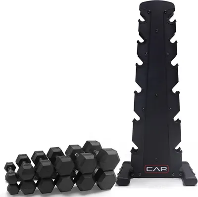 Shows the customer everything included in the purchase: a complete set of hex dumbbells and a vertical storage rack, demonstrating the value and completeness of the bundle.