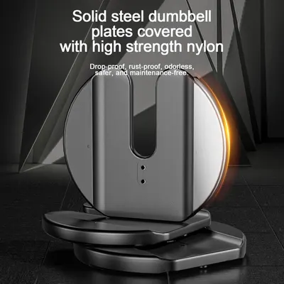 Highlights the internal construction and material composition of the dumbbell, emphasizing the solid steel plates covered with high-strength nylon to communicate durability, safety, and quality.…