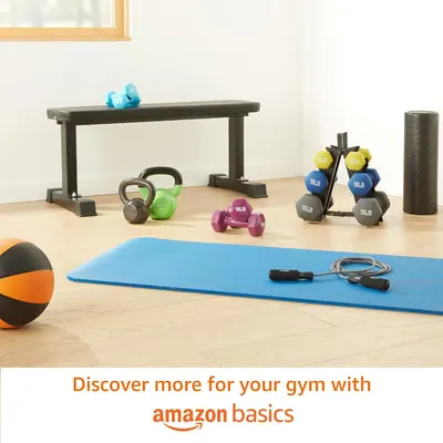 Promotes the Amazon Basics brand and encourages shoppers to explore more fitness and gym equipment options from the brand's product portfolio.