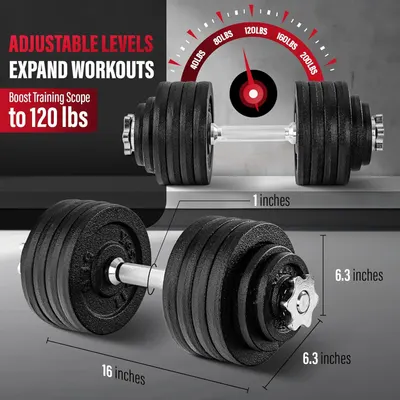 Communicates the product's adjustable weight range from 40 lbs to 120 lbs, emphasizing its capacity to expand workouts and boost training scope for various fitness levels. Shows the exact physical…