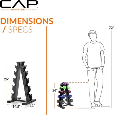 Communicates the exact physical dimensions of the product (26" x 14.5" x 13") and provides a human figure for scale reference to help shoppers understand the size and footprint of the dumbbell rack.