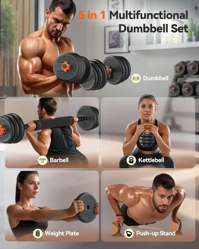 Demonstrates the versatility of the product by showing five different ways it can be used for various workout exercises, reassuring shoppers of its multi-purpose value.