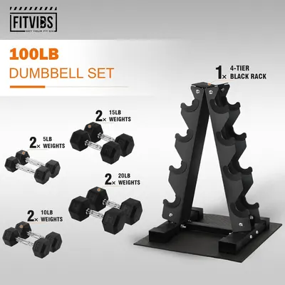 Shows the shopper everything included in the purchase: multiple pairs of dumbbells at different weights (5lb, 10lb, 15lb, 20lb) and a 4-tier storage rack, helping them understand the complete value…